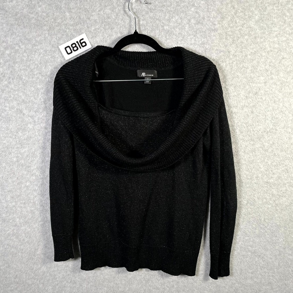 AB‎ Studio Sweater Womens Small Black Acrylic Lurex Sparkle Cowl Neck Ribbed Hem